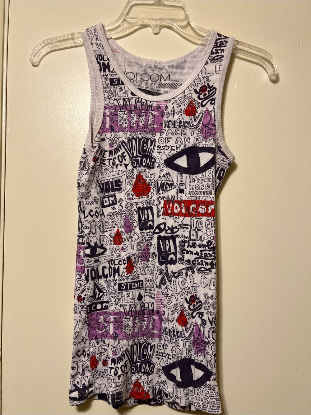 Volcom White Graphic Tank Top with Purple and Red Accents M Like New